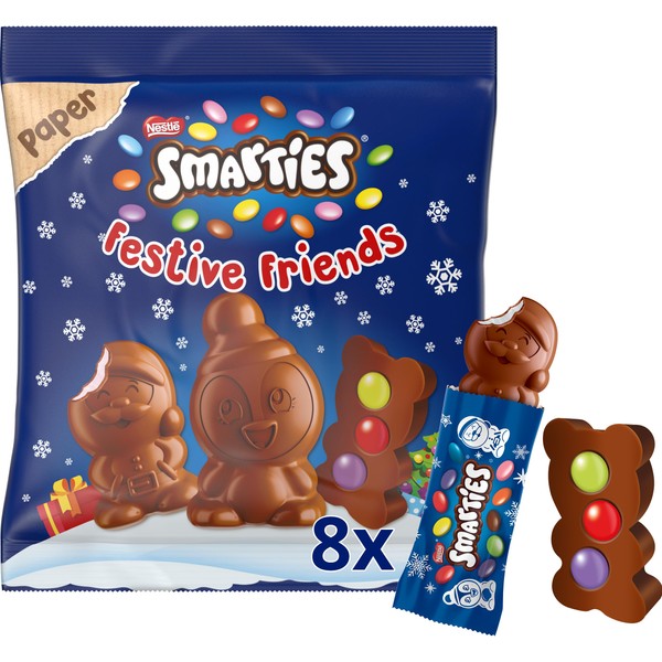 NESTLÉ SMARTIES Festive Friends, weihnachtliche Figuren aus zartschmelzender Milchschokolade mit cremiger Füllung und bunten SMARTIES Mini Schokolinsen (à 8 Figuren pro Packung), 1er Pack (1 x 65g)