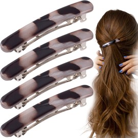 STSTR 4PCS French Barrette Hair Clips for Women, 2.48 Inch Small Tortoise Shell Hair Clip, Curved Glossy Thin Hair Flat Hair Accessories for Women - Grey Leopard Color, Oval Style