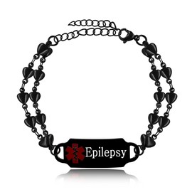 JunyiDIY Epilepsy Medical Bracelet Adjustable Black Heart Link Medical Alert Jewelry, Durable Waterproof Emergency Dual Chain ID Bracelet for Women YA5199