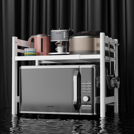 Expandable Microwave Oven Rack, Double Layer Carbon Steel Adjustable Microwave Shelf, Toaster Rack Heavy Duty Stand Kitchen Countertop Organizer, 55 lb Load Bearing, 2 Tier with 6 Hooks (White )