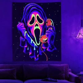 Simpkeely Blacklight Horror Face Tapestry, UV Reactive Ghost Wall Hanging Tapestries, Glow in the Dark Party Background Tapestry for Bedroom, Living Room - 150cm x 200cm
