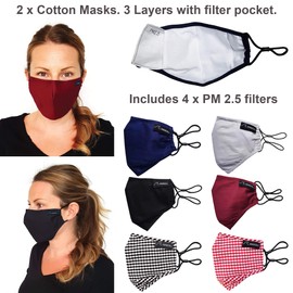 SwimCell Face Masks Washable UK Men Women and Kids. Adjustable Toggles and Nose Wire For Glasses Wearers. 3 Ply Cotton With Filter Pocket and 4 x PM2.5 Filters. 2 x Masks Reusable.