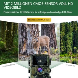 HAZA Wildkamera,2.7K/1580P 58MP Full HD mit 32G Speicherkarte Bewegungsmelder Nachtsicht 2-Millionen Linsensensor Wildtierkamera 2.0" Videobildschirm Infrarot Wildcamera Outdoor Wasserdicht Tierkamera