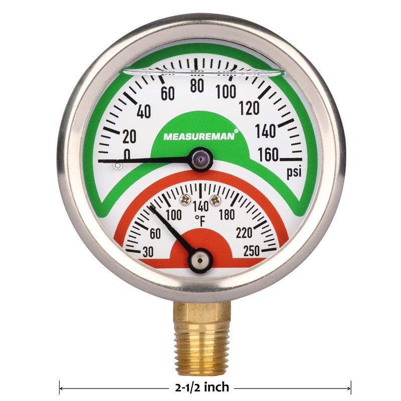MEASUREMAN Tridicator, Thermo-Manometer, 2-1/2", Silicone Oil Filled, 0-160psi/30-250 deg F,