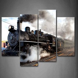 Train with Gray Smoke Steam Trains in Progress Wall Art Painting The Picture Print On Canvas Car Pictures for Home Decor Decoration Gift