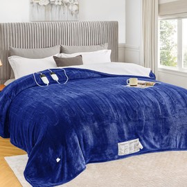 greenoak Heated Blanket Electric Queen Size 84"X90" Dual Control, Heating Blanket with 10 Heat Levels 1/2/4/6/8 Hours Auto-Off Overheat Protection, Soft Sherpa Warm Blanket, ETL Certified Sea Blue