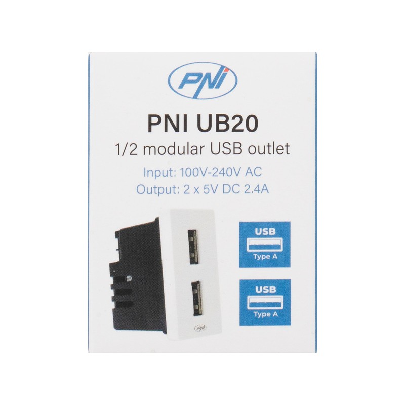 Double USB socket PNI UB20, 5V, 2.4A, modular, type F
