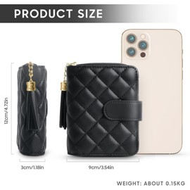 Lychii RFID Blocker Women's Small Bifold Purse Small Travel Wallet with 14 Card Slots, PU Leather with Tassel Zip, black, Modern