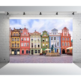 BELECO 5x3ft Fabric Poland Central Market Square Backdrop Vintage Poland Colorful Buildings Photography Background for Travel Themed Party Decor Wedding Banner Portrait Photobooth Props