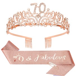 CIEHER 70th Birthday Crown, Sash & Pearl Pin Set - Elegant Decorations and Gifts for Women's 70 & Fabulous Birthday Party