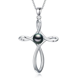 KANNSOAR Tahitian Black Pearl AAAA 18K White Gold Plated Sterling Silver Religious Cross Pendant Necklace for Women Wife Mom Girlfriend Her Jewelry Gift for Anniversary Birthday