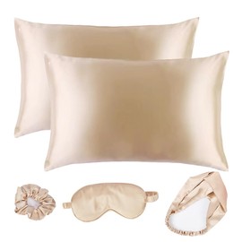 Satin Pillowcase with Eye Mask Scrunchies 5-Piece Set Pillowslip Sleep Eyeshade Headband Hair Ring for Women (Beige)
