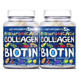 Dietapplements 2 Bottles Marine Collagen Type1&3 1800mg & Biotin 10000mcg/serving, Hyaluronic Acid, Vitamins, Minerals Botanicals |2432mg/serving| Hydrolyzed High Strength Peptides Supplement | Skin, Hair, Nails (2)