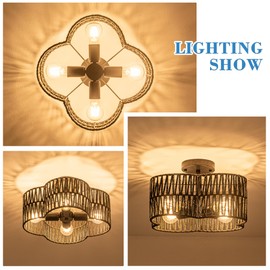 LUZBBLU 4-Light Rattan Semi Flush Mount Ceiling Light, 15" Boho Light Fixture with Hand-Woven Rattan Shade in Quatrefoil Shape, Farmhouse Boho Chandelier Wicker Light Fixture for Kitchen Bedroom Foyer