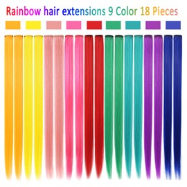 Rhyme 21'' 18 PCS Hair Extensions Straight Long Hairpiece Wig Pieces for Kids Colored Hair Extensions Clip in/on for Girls and Woman Multi-colors Party Highlights (Rainbow)