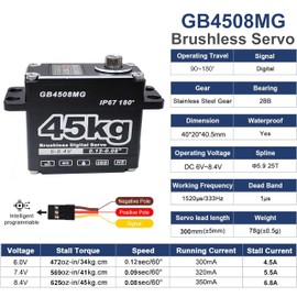 GOTECK 45KG Brushless Digital Servo Large Torque 8.4V Full Metal Gear IP67 Waterproof Steering Servo with 25T Servo Horn for 1/8 1/10 RC Crawler Car Robot Boat Truck Robot Parts (45KG(8.4V)-180°)