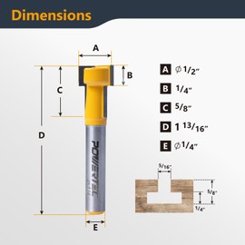 POWERTEC Carbide Tipped T Slot Router Bit, 1/4" Shank, 1/2" Cutting Dia with 5/8" Cutting Length, 1 PK (73068)