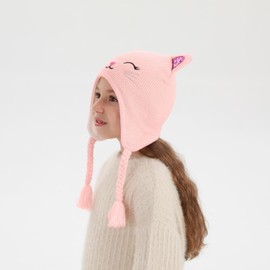 Kids Winter Cat Beanie Hat Gloves Set, Boys Girls Warm Fleece Lined Hat with Earflap Children Cute Cat Hat for 3-7T