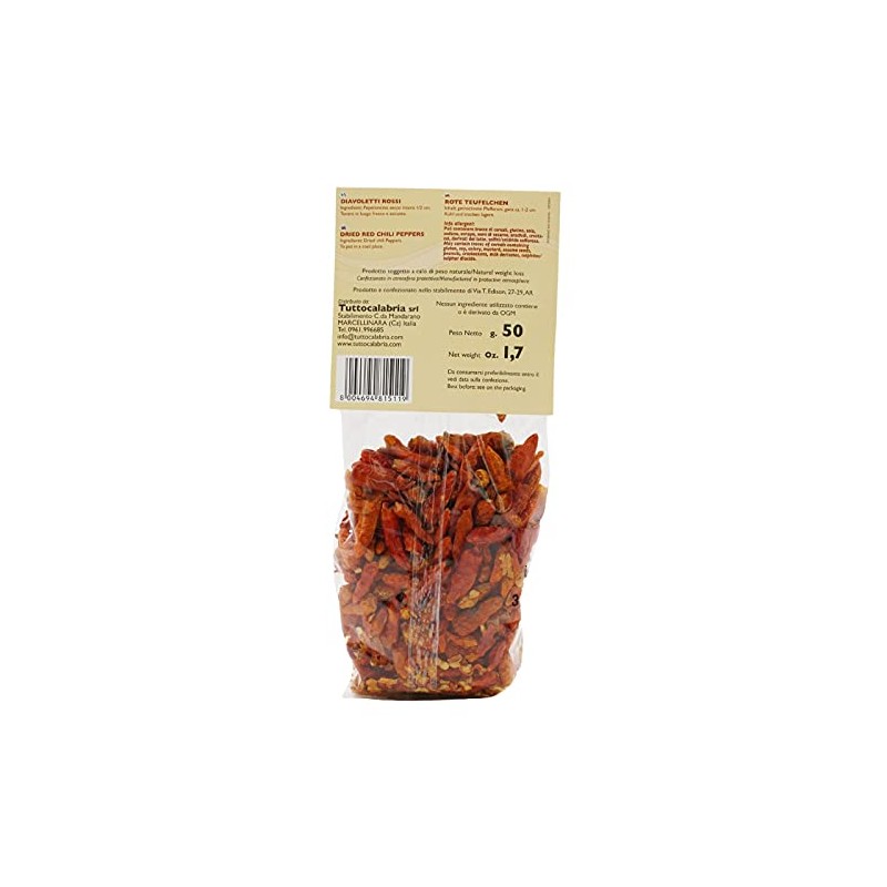 TUTTOCALABRIA Calabrian Diavoletti Rossi, Small Dried Spicy Hot Chili Peppers,