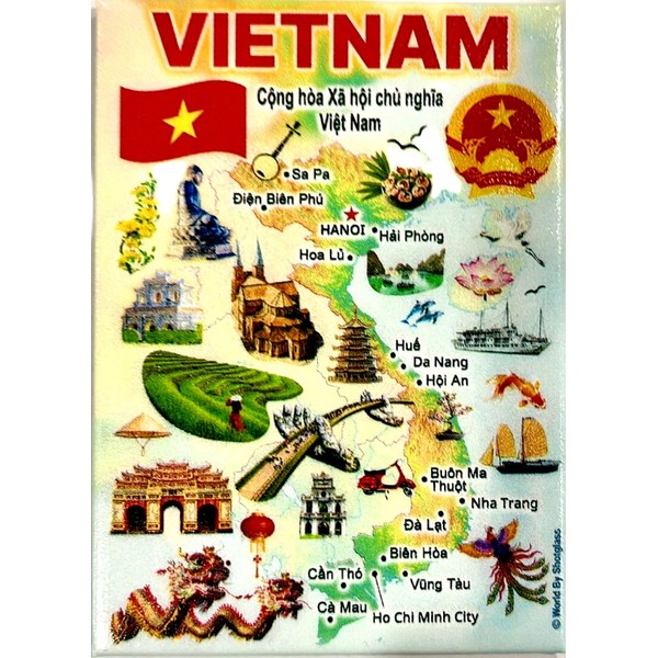 Vietnam Graphic Map and Attractions Souvenir Fridge Magnet 2.5" X