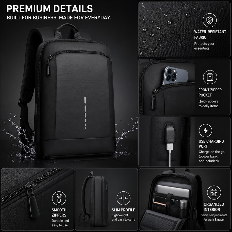 Slim Laptop Backpack for Work & Travel – Water-Resistant 15.6-Inch