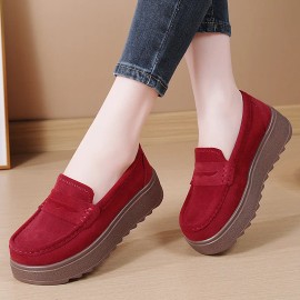 2026 Autumn Large Size Thick-Soled Rocking British Style Women's Shoes Wedge Heels Mid-Heel Height-Increasing Mother's ShoesColor: Bean Paste Color, US Size: 40