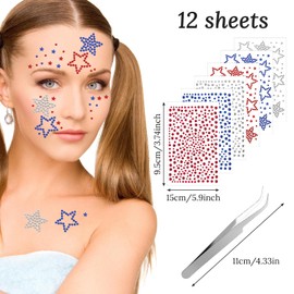 WJIAAA Face Gems Face Jewels, Red Blue Clear Festival Jewels Self Adhesive Crystal Star Sticker for Eye Makeup Body Rave Accessories 4th of July Rhinestone for Kids Women