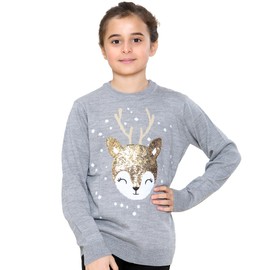 NOROZE Girls Christmas Jumper 3D Kids Bird Reindeer Retro Pullover Sweater, Christmas Sweater Girls (Baby Deer Grey, 5-6 Years)