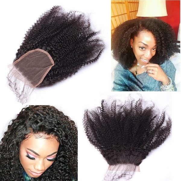 Nicewig 100% Raw Remy Virgin Mongolian 4b 4c Afro Kinky Curly Human Hair Lace Closure with baby hair 4"x4"Swiss Lace Free Part Bleached Knots 10"