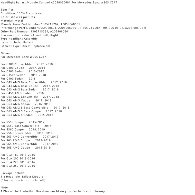 Topteng Headlight Ballast Module Control A2059060601 for Benz W205 C217
