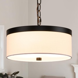 12'' Modern Drum Chandeliers, 3-Lights Modern Fabric Chandelier for Dining Room, Height Adjustable Black Pendant Light, Round Pendant Light Fixtures for Bedroom Living Room Kitchen Island Foyer
