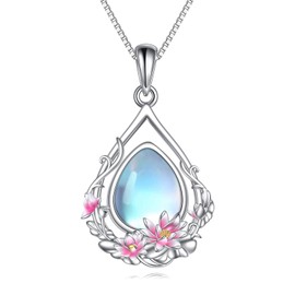 Birth Flower Chain Sterling Silver Lotus Flower Teardrop Pendant Necklace July Birthday Flowers Jewellery Gifts for Women Girls, Sterling Silver, Moonstone