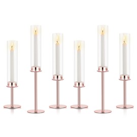 Ronasip Hurricane Candle Holders Set of 6 Metal Candlestick Holder for Glass Taper Tall Candle Holders with Crystal Chimney Tube Candles Stands for Home Decor, Christmas, Dinning (6, Rose Gold)
