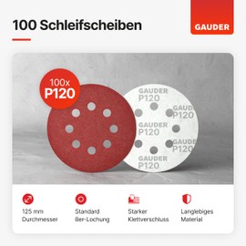 GAUDER Sanding Discs for Random Orbital Sanders Diameter 125 mm Pack of 100 Sandpaper Velcro 8 Hole Sanding Sheets Round Grit P120
