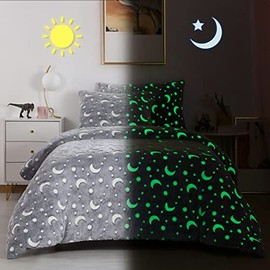 HOMBYS Glow in The Dark Comforter Set 3 Piece Twin/Twin XL, Gray Velvet Toddler Bedding Sets for Twin Bed, Ultra Soft Down Alternative Comforter for Teenage Boys Kids , Bed in a Bag Room Decor