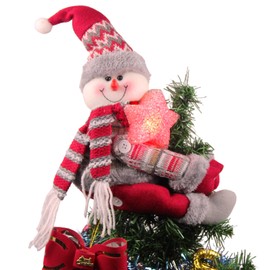 Christmas Plush Snowman Tree Topper with Lighted Red Star,Xmas Treetop Ornament-Also Be Used As Home Curtain Tie and Hugger Wine Bottle Party Decorations