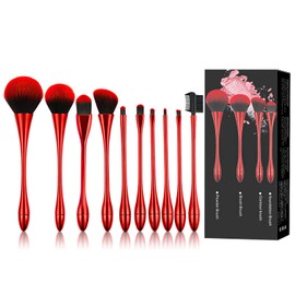 Generic 8SNQ 10pcs Synthetic Foundation Concealer Powder Blush Eyeshadow Eyebrow Lip Makeup Brush Set (Red) Acrylic