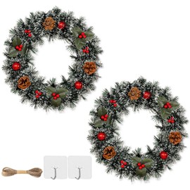 2Pcs Artificial Christmas Wreath with 1 Rope and 2 Hooks, YUX-DTDSU 13.8in Christmas Wreaths for Front Door, Winter Wreath with Red Berries, Pine Cones, Frost for Wall Fireplace Window Garden Decor