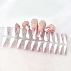 Ceboic 22 Stück Halb Ausgehärtete UV Gel Nagelfolien, Weiß Französisch Nail Wraps UV Gel Strips, Nagelfolie Selbstklebend Salonqualität Glitzer Nagellackstreifen für Frauen Mädchen Nageldekoration