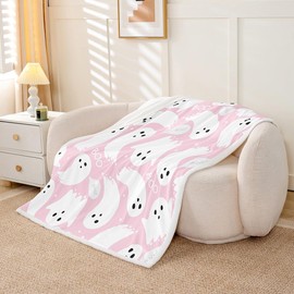 Manta de sherpa rosa de Halloween de 50 x 60 pulgadas, manta de forro polar de fantasma rosa de dibujos animados para cama, sofá, sofá, niños, manta de felpa kawaii, manta de felpa rosada, manta de franela para recámara
