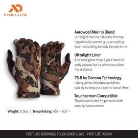 First Lite Aerowool Touch Liner Merino Wool Glove - Lightweight, Touchscreen Compatible Camo Hunting Gloves - First Lite Fusion - Medium