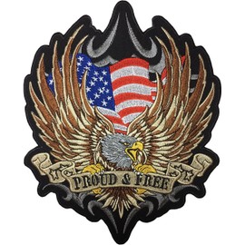 [Large Size] Papapatch Bald Eagle Hawk Falcon USA US American Flag Proud and Free Biker Motorcycle Chopper Jacket Vest Costume Sew on Iron on Embroidered Applique Patch (IRON-EAGLE-PROUD-FREE-LARGE)