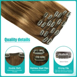 SURNEL Hair Extensions Clip in Real Human Hair Dark Brown Balayage Caramel Blonde Highlights Brown Human Hair Extensions Full Head 6pcs 14inch 100g (C#/4/27/4,14'')