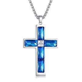 BAMIKI Blue Cross Necklace for Men, Deep Blue Zircon December Birthstone Pendant Mens Stainless Steel Silver-Tone Necklace Faith Jewelry Gifts, 24 Inch Box Chain