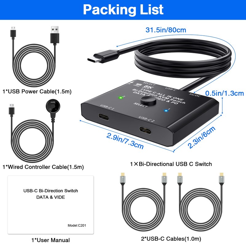 USB C Switch 2 in 1 Out/1 in 2 Out