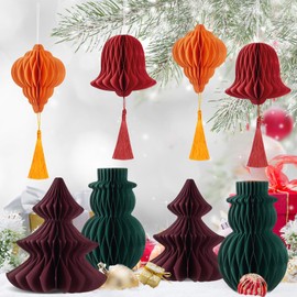 SUNBEAUTY Pack of 8 Table Decoration Christmas Green Paper Christmas Tree Decoration Red Paper Christmas Bells with Tassels Christmas Decoration Indoor Reusable Christmas Decoration