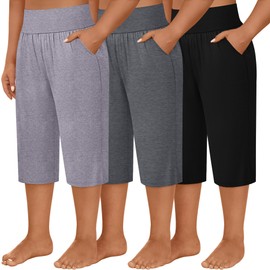 Neer 3 Pack Women's Plus Size Capri Pants, Wide Legs Elastic Waist Capris with Pockets Lounge Loose Sweatpants(Black, Dark Heather Gray, Light Heather Gray,3X-Large)