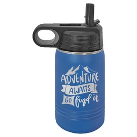 Adventure Awaits Water Bottle | Insulated Water Bottles | Laser Engraved Water Bottle | Stainless Steel Water Bottle with Straw (12 oz, Royal)