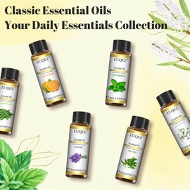EUQEE Classic Essential Oil Set of 6 Pure Essential Oil Gift Set for Diffusers, Soap Making - Lavender, Eucalyptus, Peppermint, Tea Tree, Sweet Orange, Lemongrass Aromatherapy Oils - 10ml
