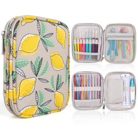 Aeelike Yellow Lemon Crochet Hook Case, Practical Crochet Bag Organiser with Double Storage Compartment, 18 x 14 x 3.5 cm, Zip Storage Bag for Crochet Hooks, Crochet Accessories (Bag Only), Yellow